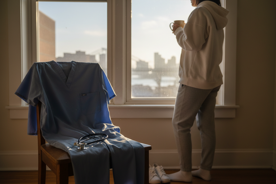 alternative night shift nurse wearing white hoodie after hospital shift at sunrise