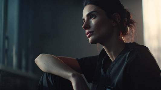 night shift nurse sitting quietly reflecting after hospital shift